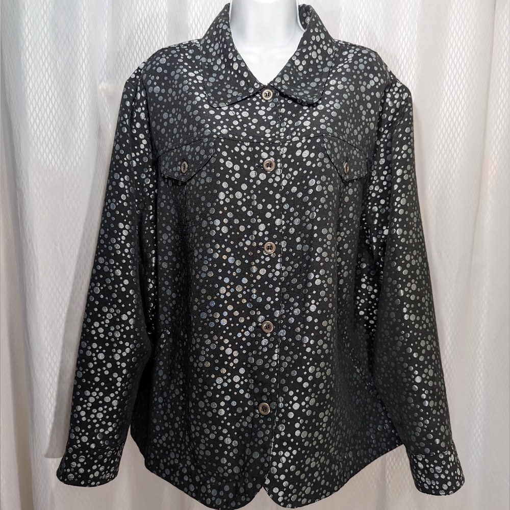 Women's Ruby Road Long-Sleeved Button-Front Jacket, Black/Silver Metallic, 24W